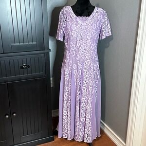 Lavender Lace Maxi Dress V Neck Short Sleeve Cottagecore Romantic Fairy Size 14